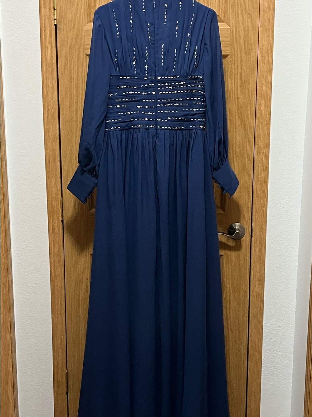 Navy Long-Sleeve Maxi Dress with Embellished Bodice